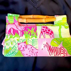 Preppy pink and green print clutch